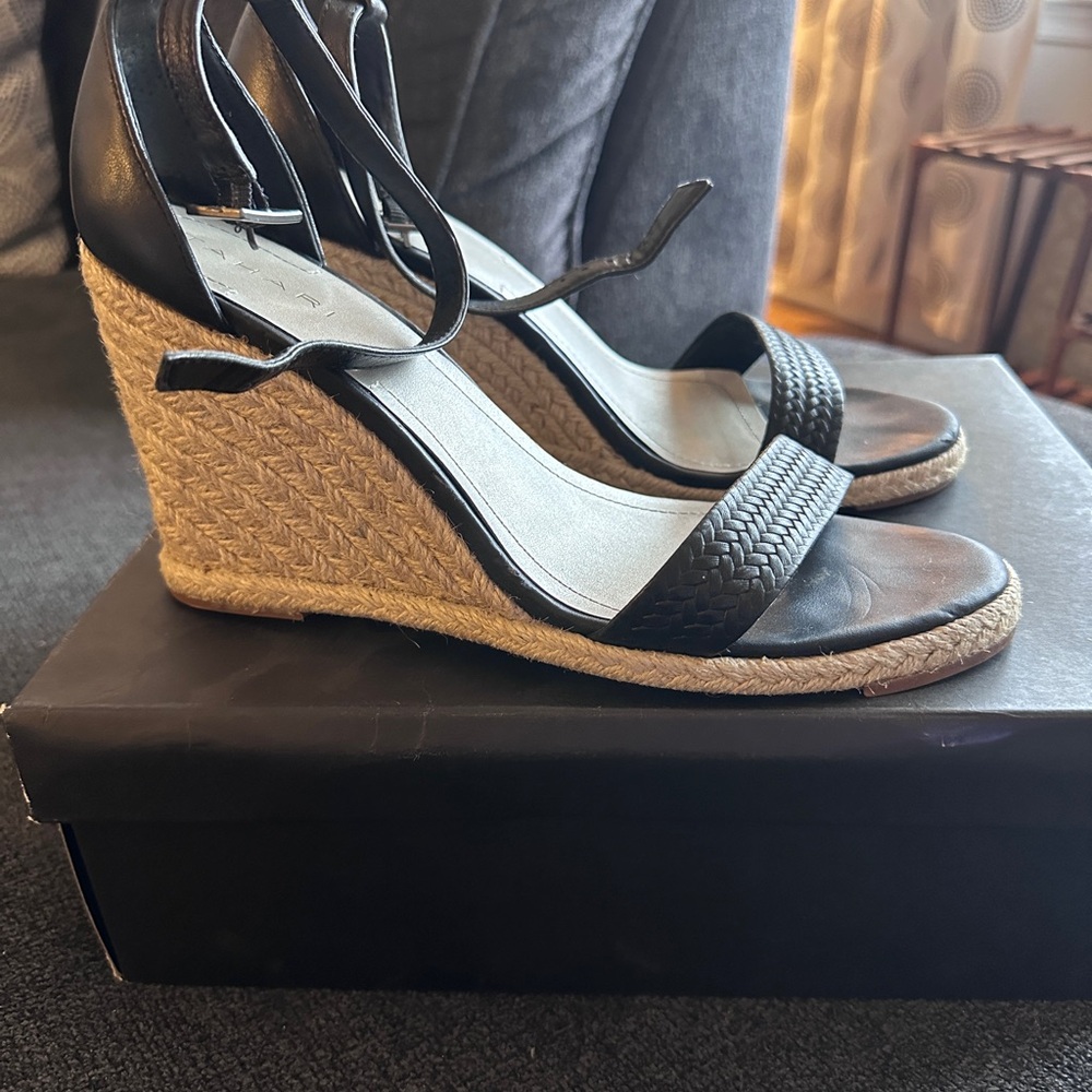 Black and Tan Wedge Sandals with High Cork Heel